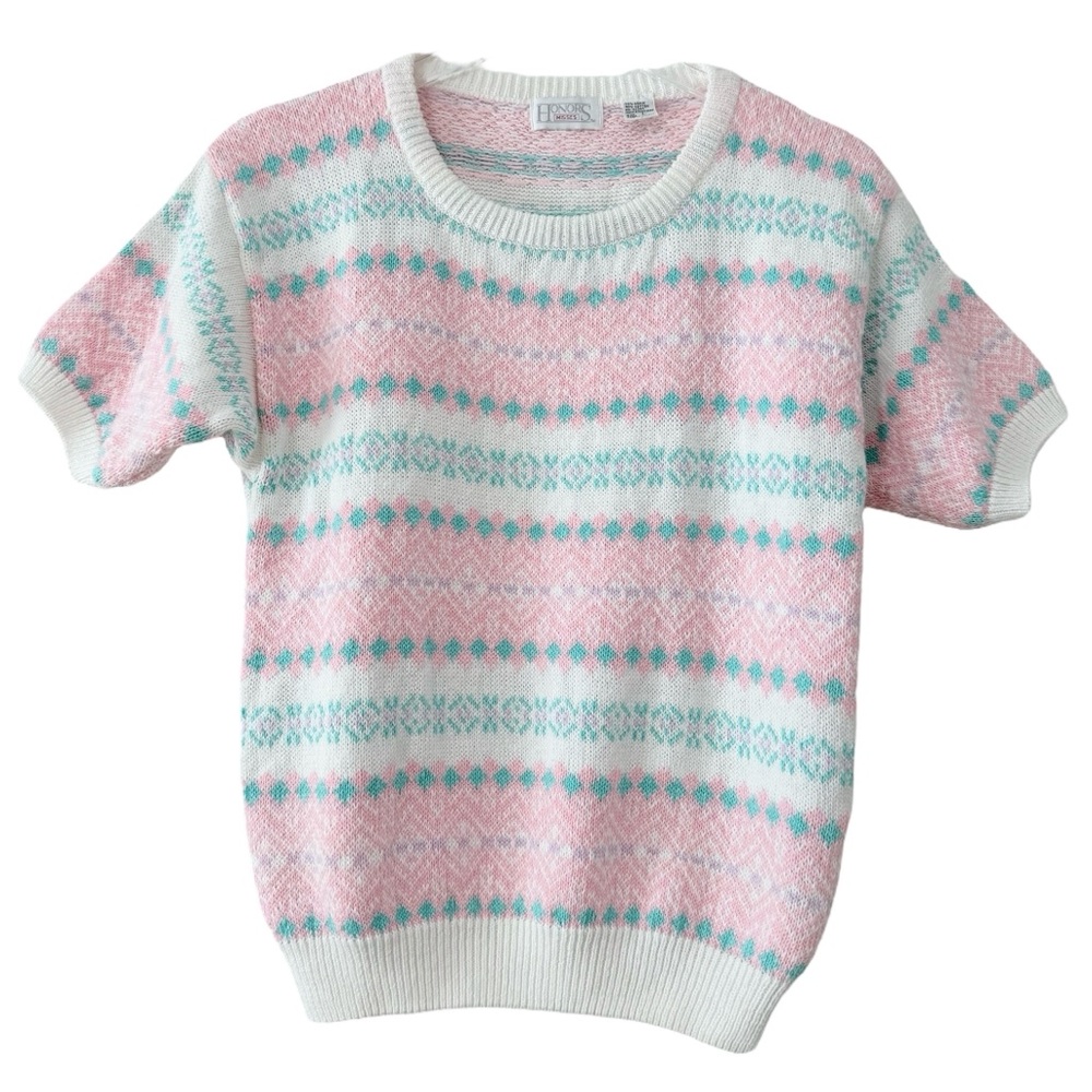 Cotton Knit Short Sleeve Sweater Honors Misses Pink & Blue Size Misses Large